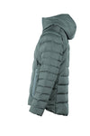 Left Side view of Pnuma Palisade puffy jacket in blue green beluga color