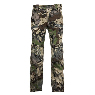 Pnuma Outdoors Waypoint pants featuring waterproof camo hunting pant design, CAZA camo pattern, windproof softshell fabric with DWR coating, fleece-lined interior for warmth, abrasion-resistant panels on knees and cuffs, and zippered pockets for rugged all-season hunting performance.
