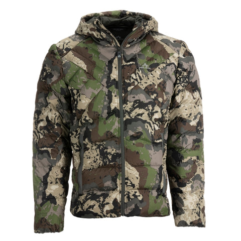 Front side of Pnuma Palisade puffy jacket in camo