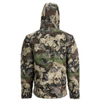 The back side of Pnuma Palisade puffy jacket in camo with the hood up
