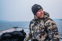 Camo puffy jacket front caza full zip hooded lifestyle boat bear water