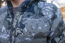 Camo puffy jacket front caza OV full zip hooded lifestyle front chest pocket logo embroidery