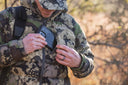 Camo puffy jacket front caza full zip hooded lifestyle phone chest pocket