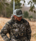 Camo puffy jacket front caza OV full zip hooded lifestyle woods