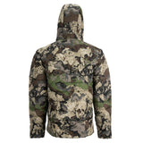 The back side of Pnuma Palisade puffy jacket in camo with the hood up
