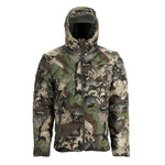 The front side of Pnuma Palisade puffy jacket in camo with the hood up